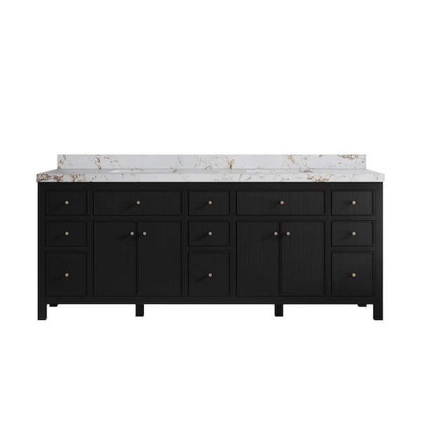 Willow Collections Sonoma 84 in. Double Sink Freestanding Black Bath Vanity with Viola Gold Quatrz Top Unassembled