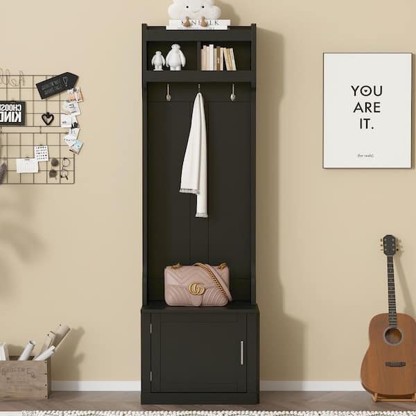 Hamish 23.60 in. W Black Wood 3-in-1 Hallway Hall Tree with Coat Rack, Storage Bench and Cabinet