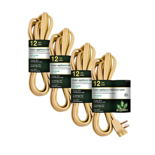 GoGreen Power (G-25612-4) 12 ft. 14/3 Indoor Appliance Extension Cord, Beige, 4 PACK