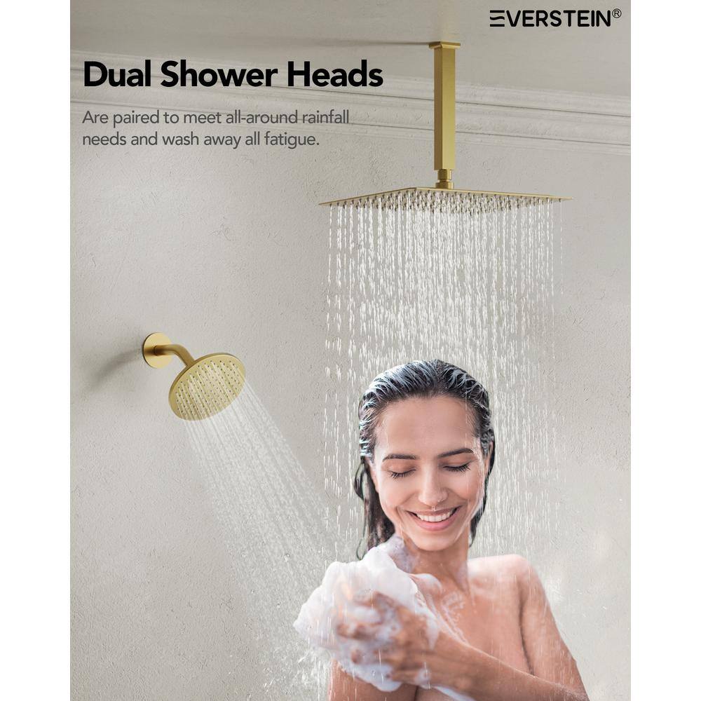 Brushed Gold Thermostatic Dual Showerhead System with Handheld Spray