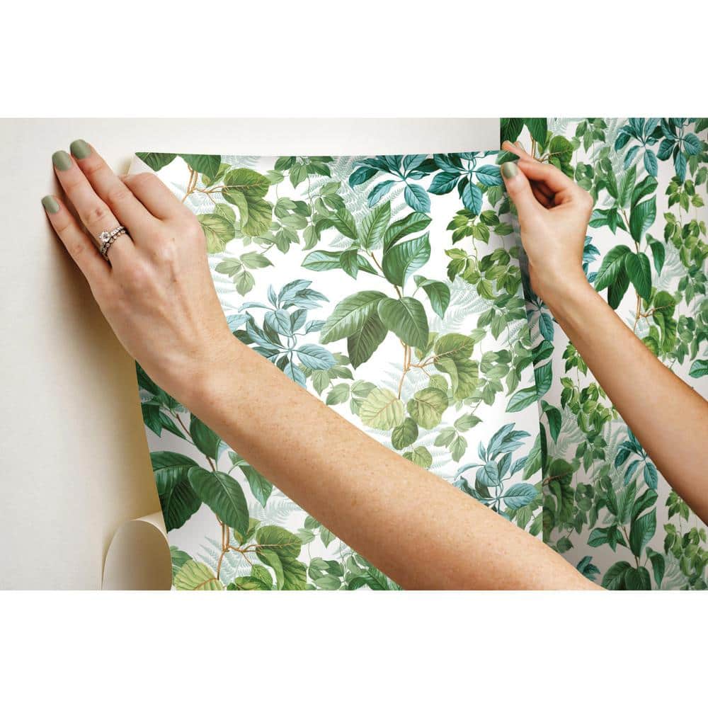 Green and White Tropical Leaves Peel and Stick Wallpaper Roll
