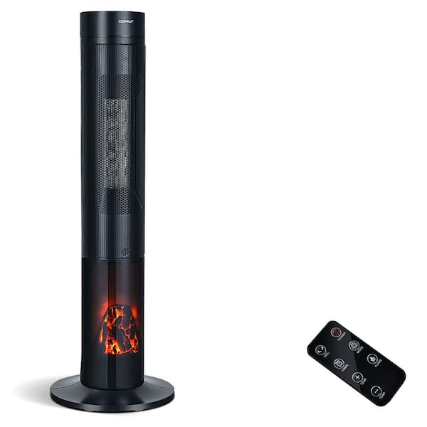 Costway 34 in. 1500-Watt Electric Tower Ceramic Space Heater with Remote Control Realistic 3D Flame