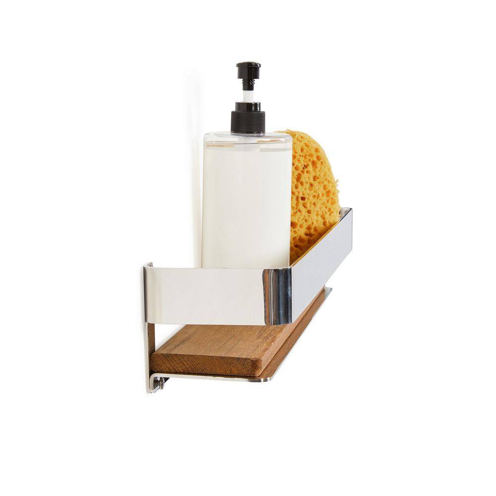 Polished Stainless Steel and Teak Wood Shower Shelf