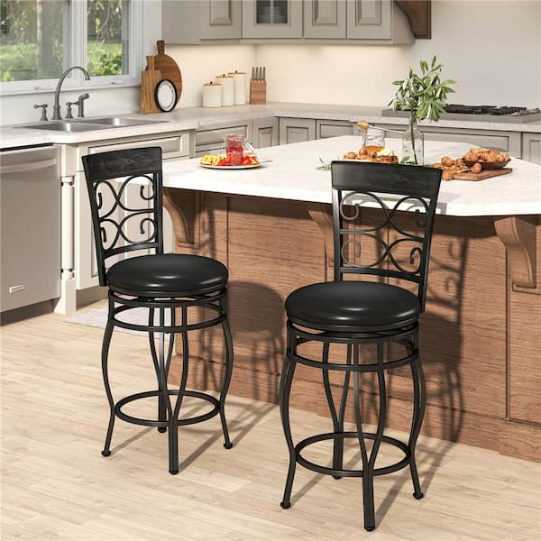 26 in. Black Metal Swivel Bar Stools with Upholstered (Set of 2)