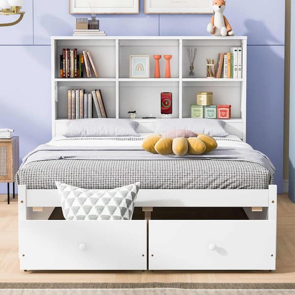 White Wood Frame Full Platform Bed with Storage Headboard, Charging Station and 2-Drawers