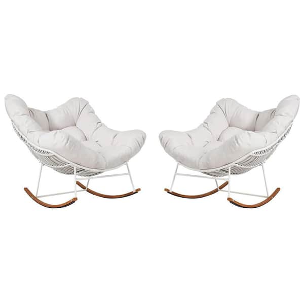 2-Piece Oversized Wicker Outdoor Rocking Chair with Beige Cushions