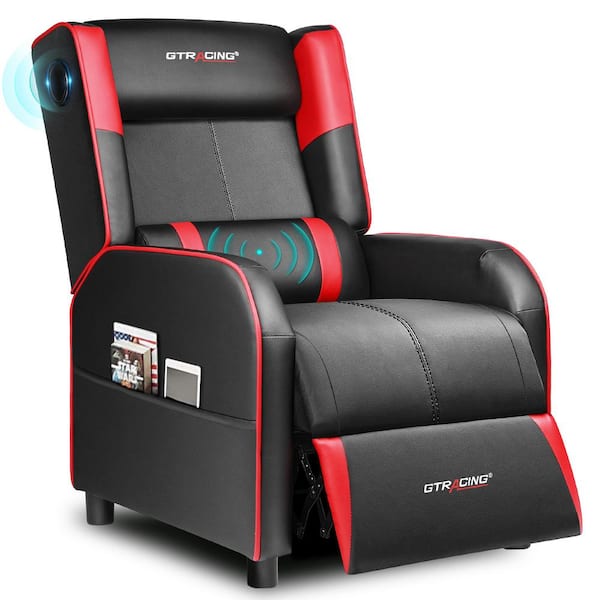 null Red PU Leather Massage Lumbar Recliner Chair with Footrest and Bluetooth Speakers