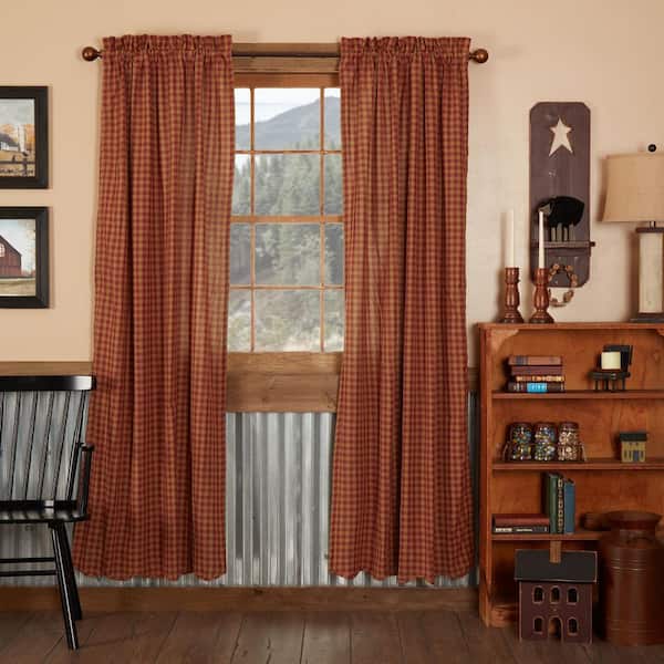 VHC BRANDS Burgundy Check 40 in W x 84 in L Scalloped Light Filtering Rod Pocket Window Panel Burgundy Tan Pair