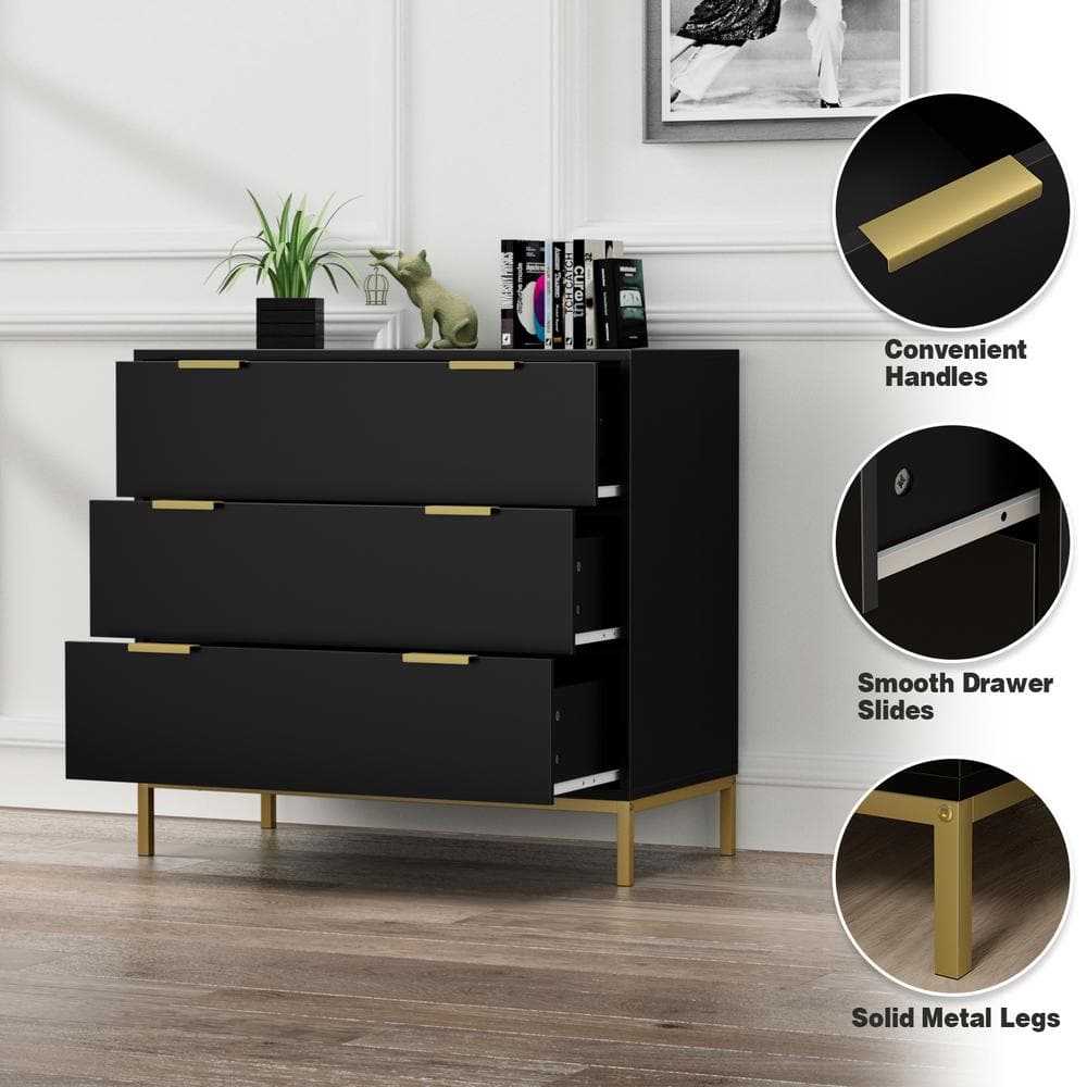 Black and Gold 3-Drawer Mid-Century Modern Chest