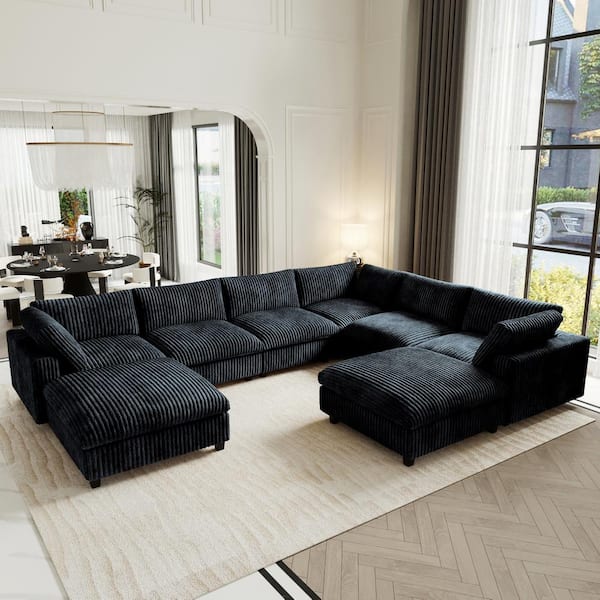 157 in. Square Arm Velvet 8-Piece Free Combination Comfy Couch Cloud Modular Sectional Sofa with Storage Ottoman, Black