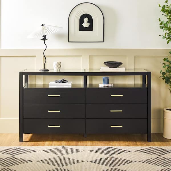 Isla Modern Black Solid Wood 6 Drawer 60 in. Dresser