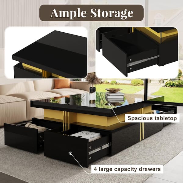 Nestfair 43.3 in. W Glossy Black Square MDF Coffee Table with 4