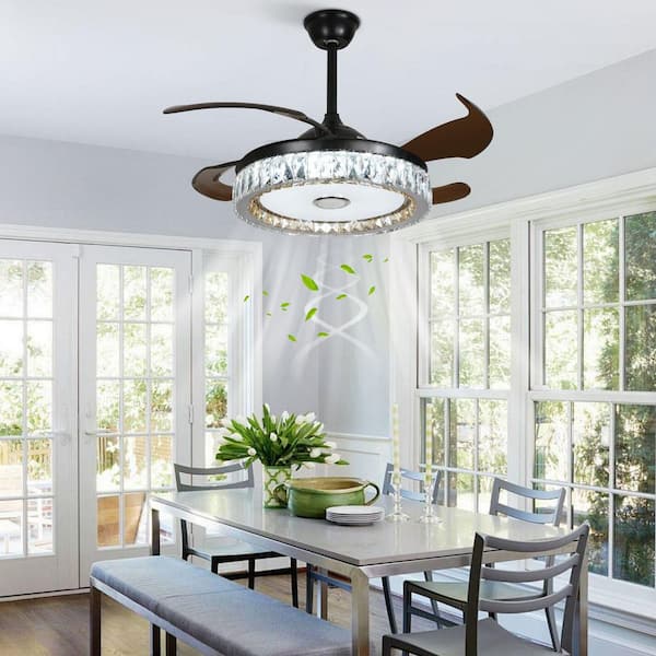 42 in. Indoor Black Modern Crystal 6-Speed Retractable Ceiling Fan with Multi-Color Integrated LED and Remote Control
