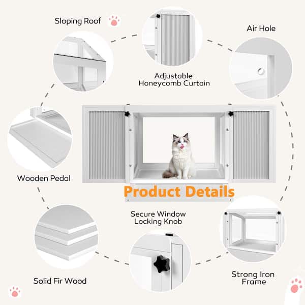 Cat Window Box, Catio Outdoor Cat Enclosure Window with Water-Resistant Transparent Top and Adjustable Honeycomb Curtain