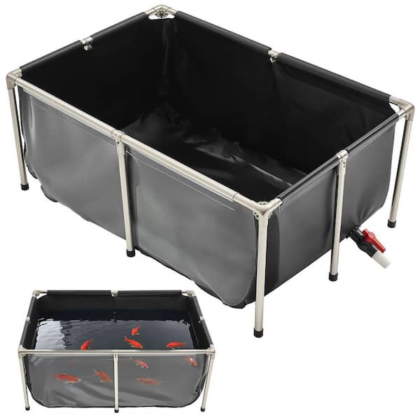 Canvas Fish Pond, 126.8 Gal., PVC Koi Tank Viewing Panel Goldfish Tank Stainless Steel Frame Drain Valve Fish Pond