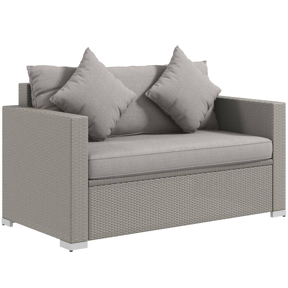 Gray PE Rattan Wicker Patio Outdoor Loveseat with Gray Cushions, Throw Pill