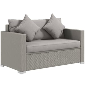 Gray PE Rattan Wicker Patio Outdoor Loveseat with Gray Cushions, Throw Pillows for Porch, Backyard, Garden, Poolside,