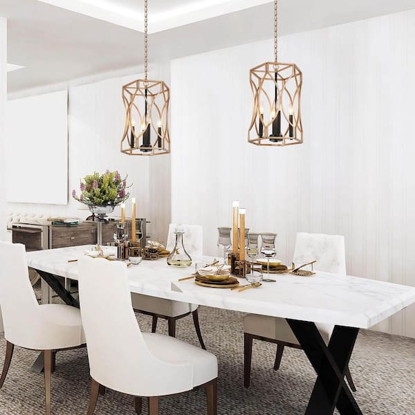 Modern Black Gold Drum Pendant Light, 4-Light Classic Vintage Cage Candlestick Chandelier Hanging Pendant Light