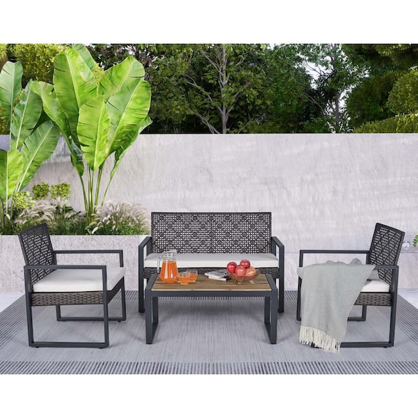 Tenleaf 4-Piece Brown Wicker Patio Conversation Set with Beige Cushions, Acacia Wood Tabletop Table