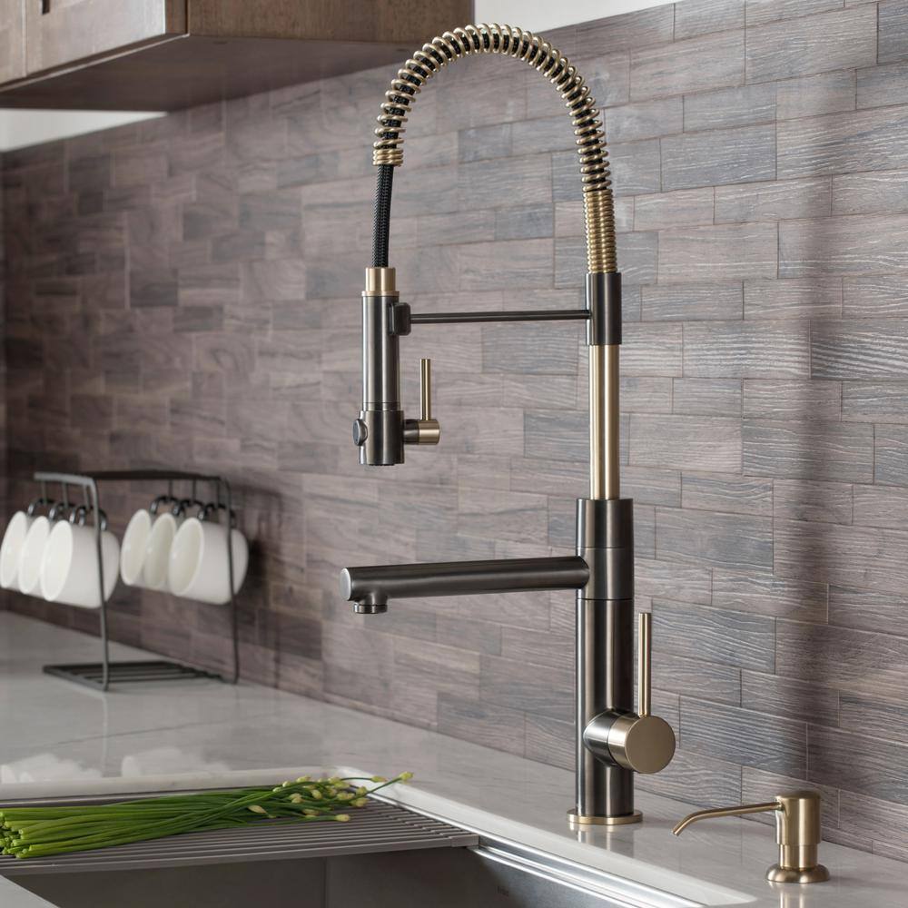 Black Stainless Steel and Brushed Gold Commercial Kitchen Faucet with Pull-Out Spray