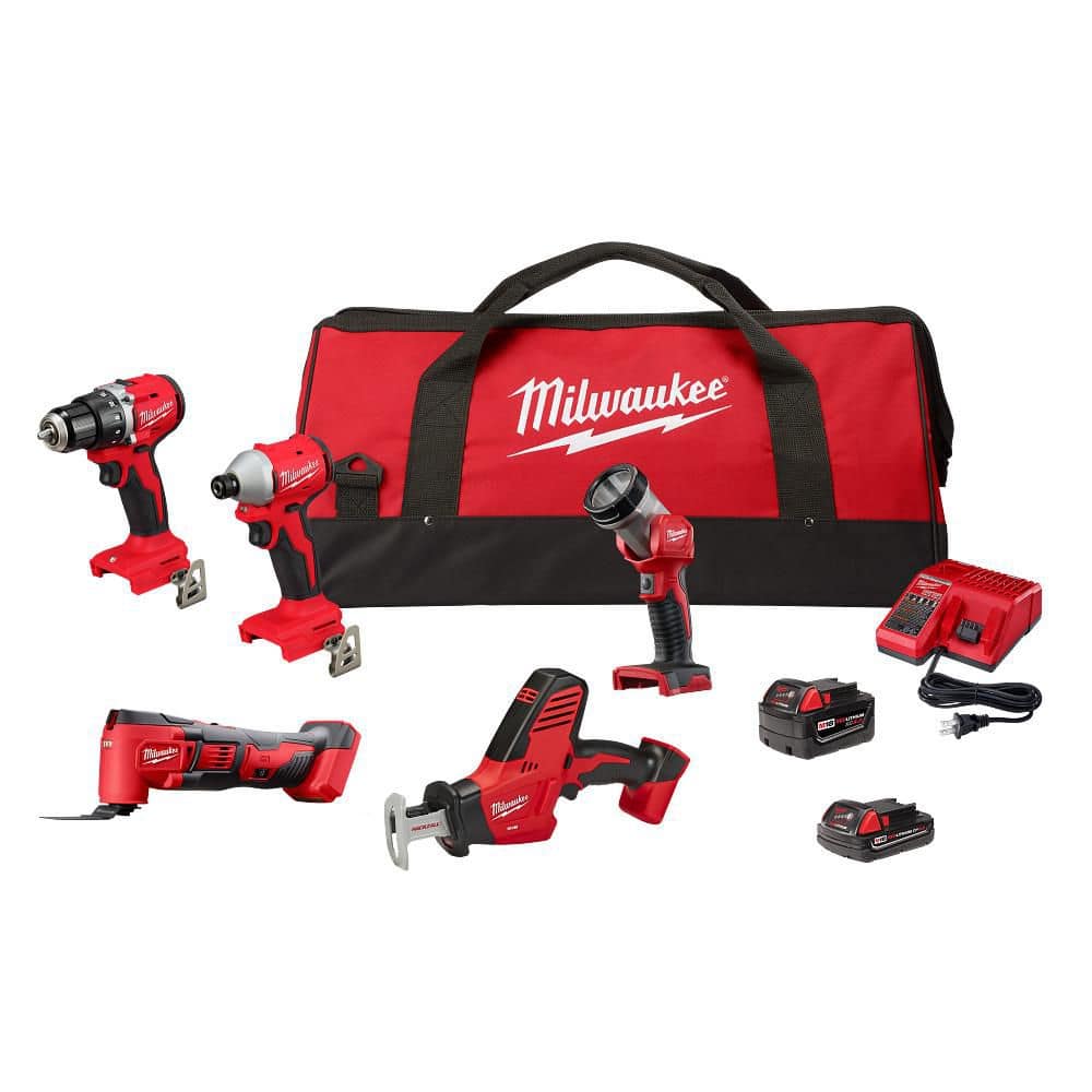 Milwaukee M18 18V Lithium-Ion Cordless Combo Kit with Two Batteries and Charger (5-Tool)