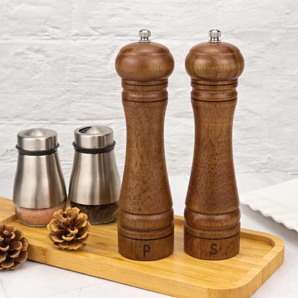 Wood Salt and Pepper Grinder Set with Adjustable Ceramic Rotor, Oak Wood Mills, 8 in. Pack of 2