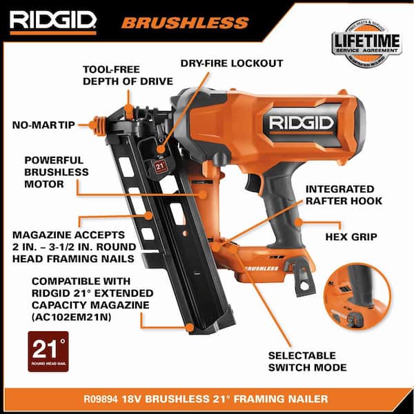 RIDGID 18V Brushless Cordless 30-Degree 3-1/2 in. Framing Nailer (Tool  Only) R09895B - The Home Depot