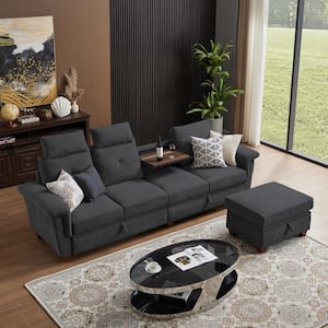 109 in. W Rolled Arm 3-Piece L Shaped Cotton Modern 4-Seats Sectional Sofa in Dark Grey with Hidden Coffee Table