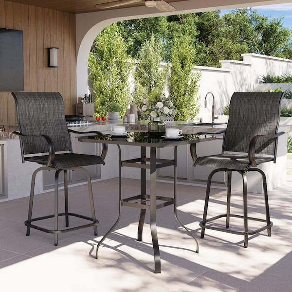 Gray 3-Piece Steel Outdoor Patio Bar Set with High Swivel Bistro Chairs
