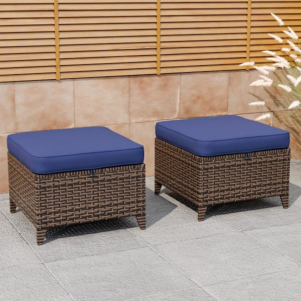 EAGLE PEAK Brown Wicker Outdoor Patio Ottoman with Blue Cushions (Set of 2)