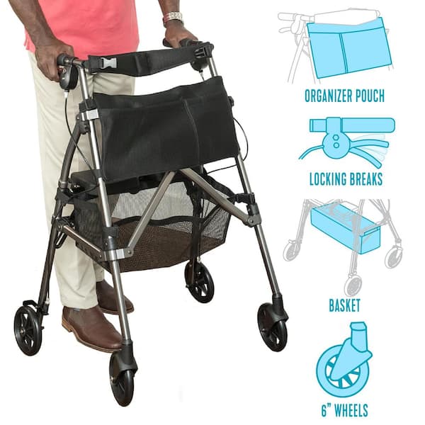 Stander EZ Fold-N-Go Four-Wheel with Home Lightweight 4350-RR Seat Rollator The - Depot Folding in Rose Regal