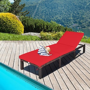 Wicker Outdoor Rattan Chaise Lounge Chair Adjustable Backrest Recliner with Red Cushions