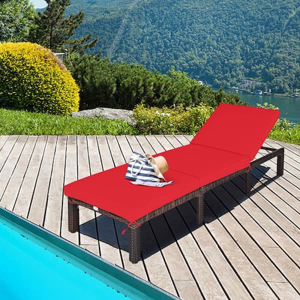 Wicker Outdoor Rattan Chaise Lounge Chair Adjustable Backrest Recliner with Red Cushions