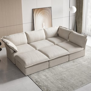 151.2 in. W Round Arm U-Shaped 6-Seater Velvet Free Combination Sofa with Ottoman in Beige