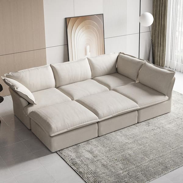 J&E Home 122.5 in. W Flared Arm Linen 5-Seater Velvet Modular Free Combination Sofa with Storage Ottoman in Beige