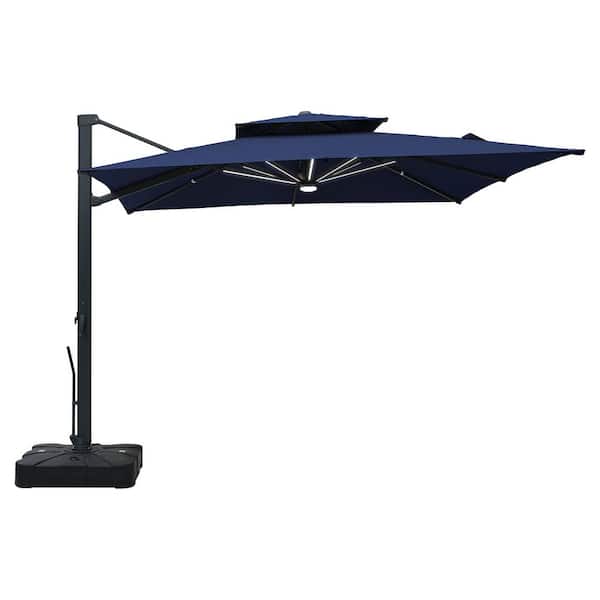 Mondawe 10 ft. x 10 ft. Square Aluminum 360° Rotation Outdoor Patio Cantilever Umbrella with LED Strip and Base, in Navy Blue
