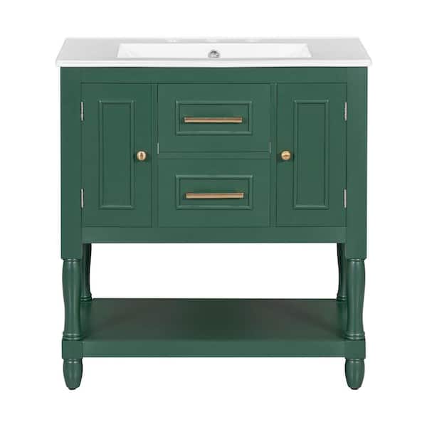 EPOWP 30 in W x 183 in D x 325 in H Single Sink Freestanding Bath Vanity in Green with White Ceramic Top and Cabinet
