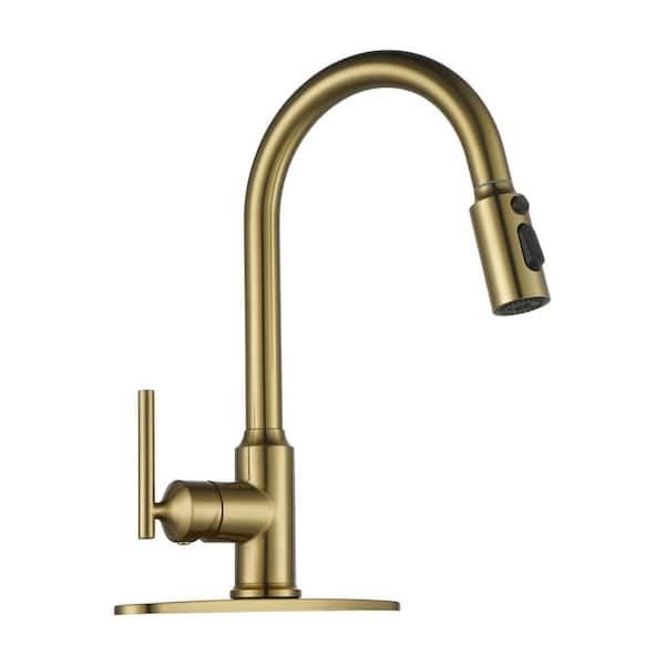 IVIGA 3 Patterns Stainless Steel Single Handle Pull Down Sprayer Kitchen Faucet with Flexible Hose and Deckplate in Gold