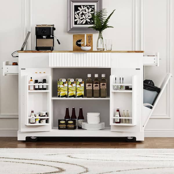 49 in. White MDF Kitchen Cart with Trash Can Storage Cabinet, Power Outlet, Storage Rack, Drawers, Open Side Racks