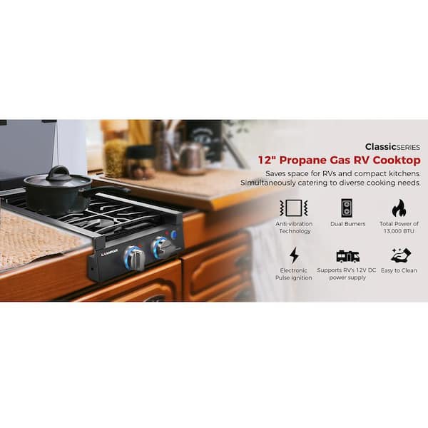 CONTOURE RV 2-Burner Gas Cooktop - 6,500 BTU Burners With Blue LED & Glass  Cover