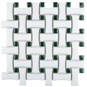 Metro Ion Dog Bone Basketweave Emerald Dot with Matte White 10 in. x 10 in. Porcelain Mosaic Tile (7.1 sq. ft./Case)