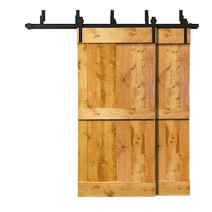 76 in. x 84 in. Mid-Bar Bypass Colonial Maple Stained Solid Wood Interior Double Sliding Barn Door with Hardware Kit