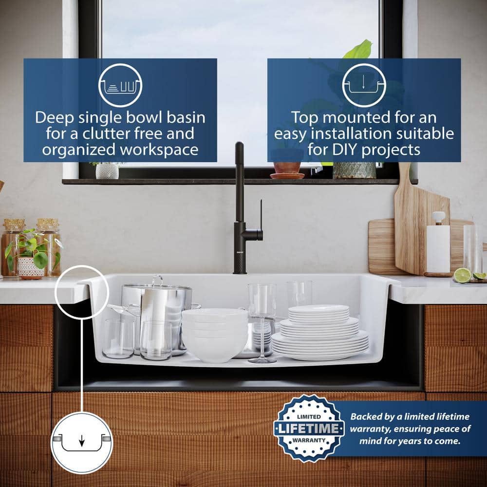 White Quartz 33'' Single Bowl Drop-In Kitchen Sink
