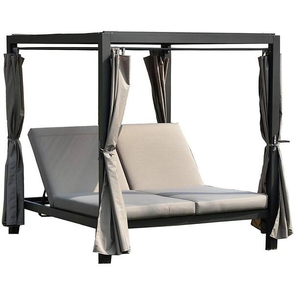DIRECT WICKER Graham 1-Piece Metal Outdoor Patio Day Bed with Canopy and Taupe Cushions