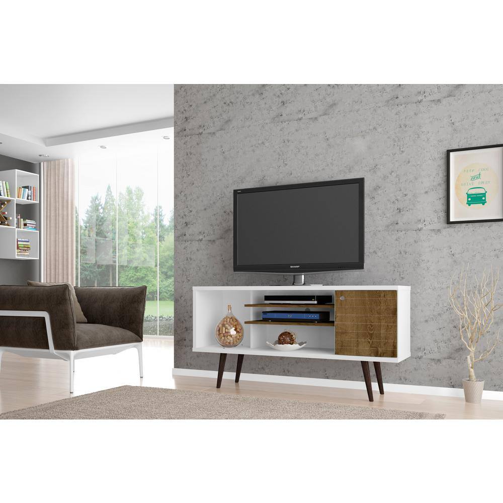 Rustic Brown and White Solid Wood TV Stand with Cabinet, 54"