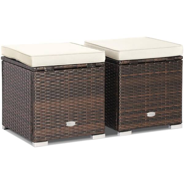 Costway 2Piece Wicker Outdoor Ottomans Storage Box Footstool with White Cushions HW70591WH