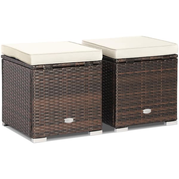 Costway 2-Piece Wicker Outdoor Ottomans Storage Box Footstool with White Cushions