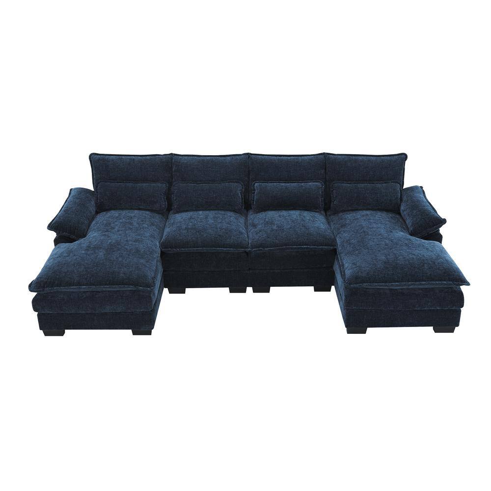 110 in. Square Arm Chenille U-Shaped Sofa with Waist Pillows in. Blue