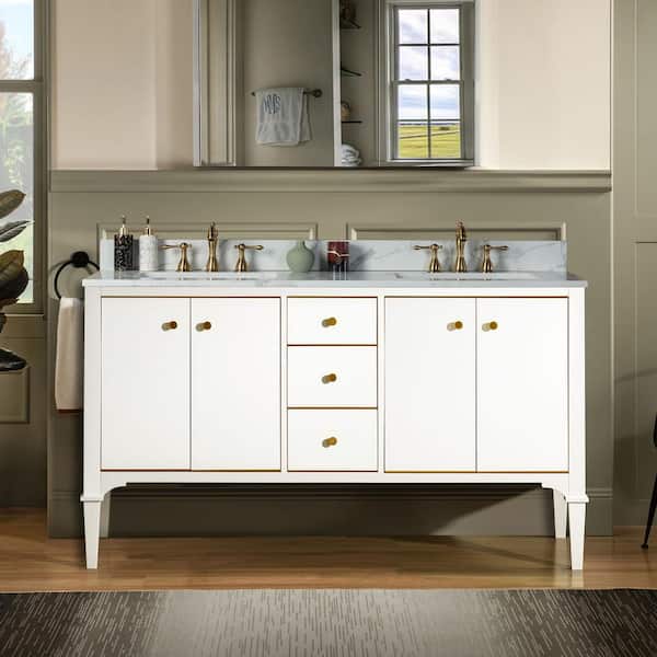 WOODBRIDGE Roma 61 in. W x 22 in. D Bath Vanity in White with Engineered Stone Vanity Top in Fish Belly with White Basin