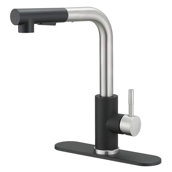 2 Sprayer Single Hole Single-Handle Pull Out Kitchen Faucet in Matte Black and Brushed Nickel